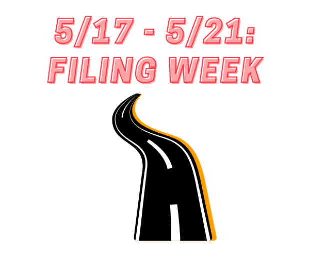 Drawing of road and text reading "May 17 to 21: Filing Week"