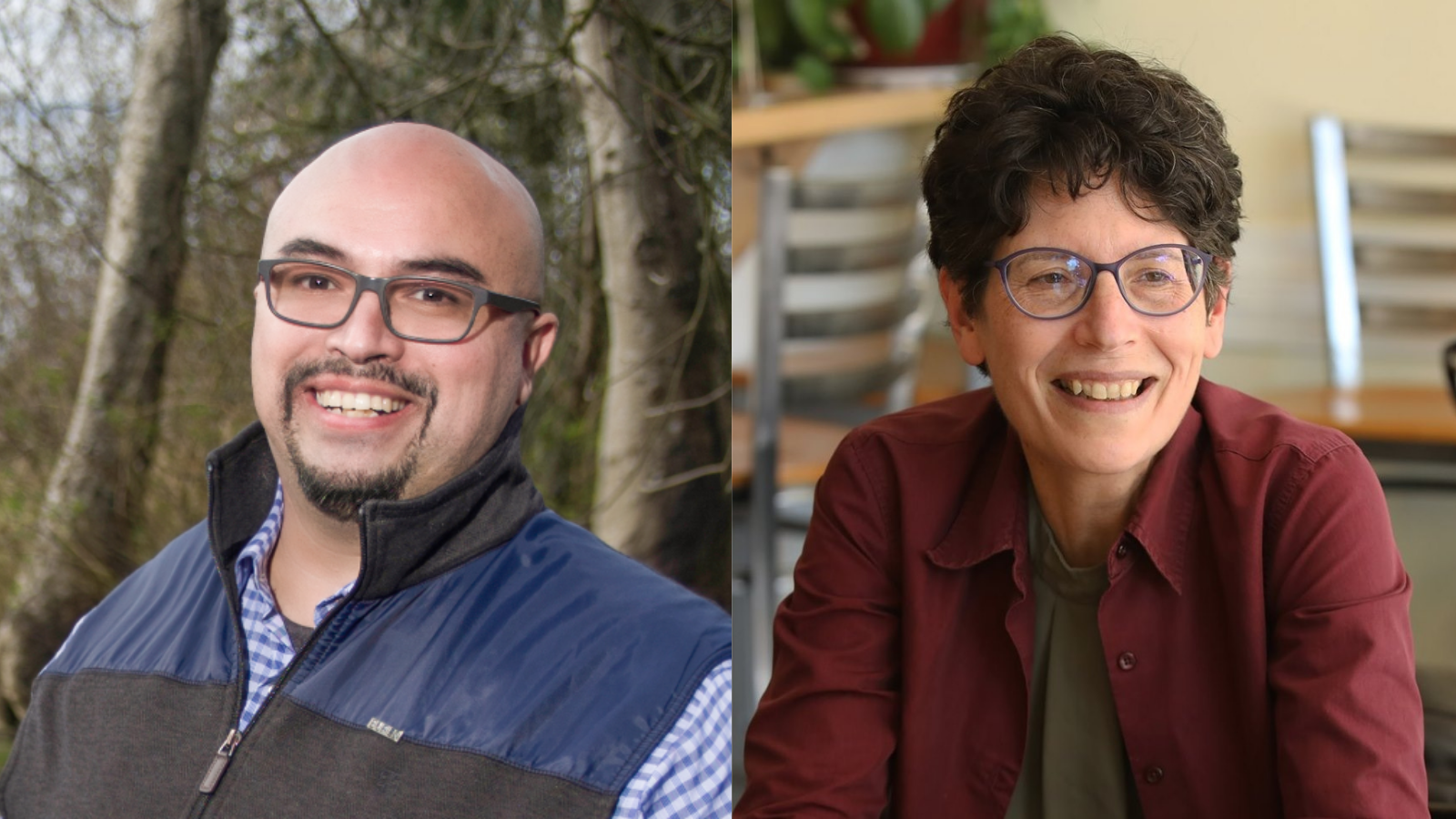 Photo of Hugo Garcia wearing a light jacket and blue gingham button shirt. He is wearing glasses, is bald and has a goatee. Adjacent is a photo of Sarah Moore who has short dark brown hair, is wearing glasses and a maroon button shirt. 