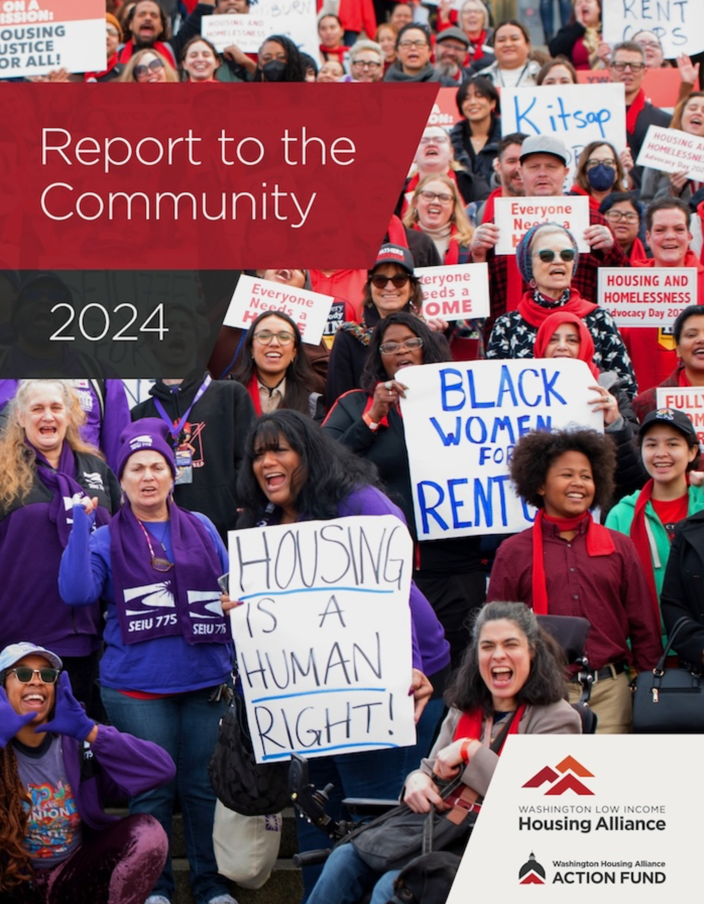 Cover image for the Report, featuring advocates at a rally on the state Capitol steps.