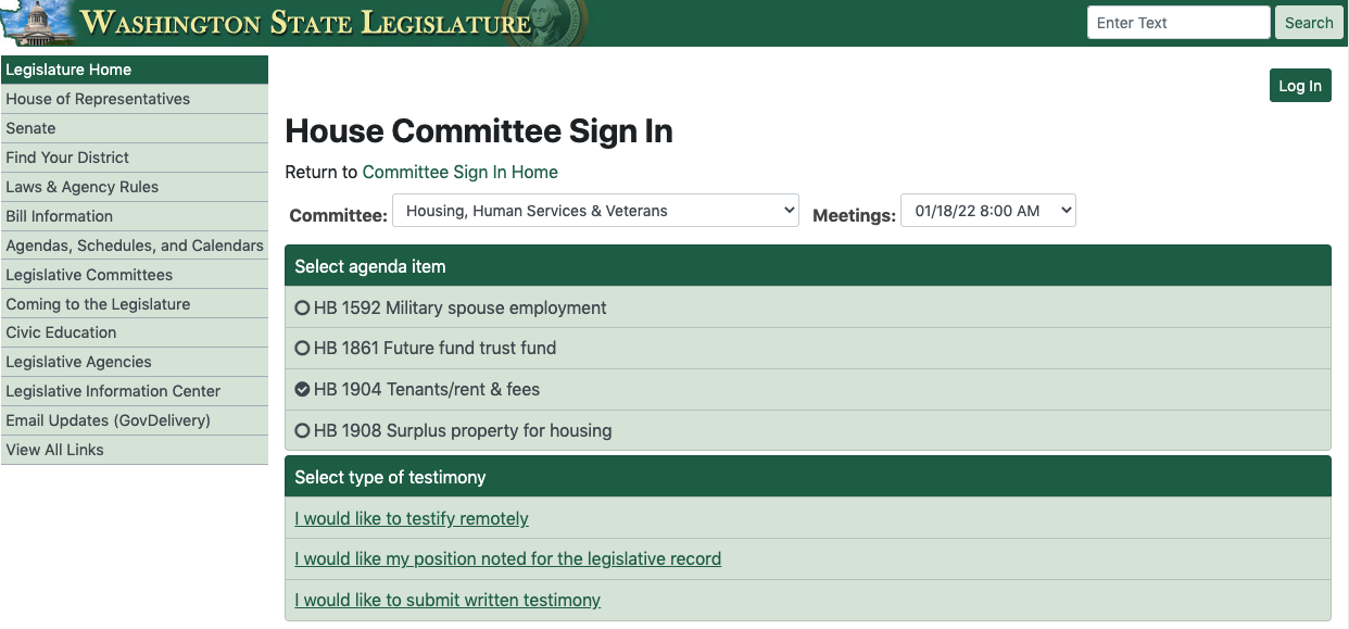 Screen shot of page on legislative website