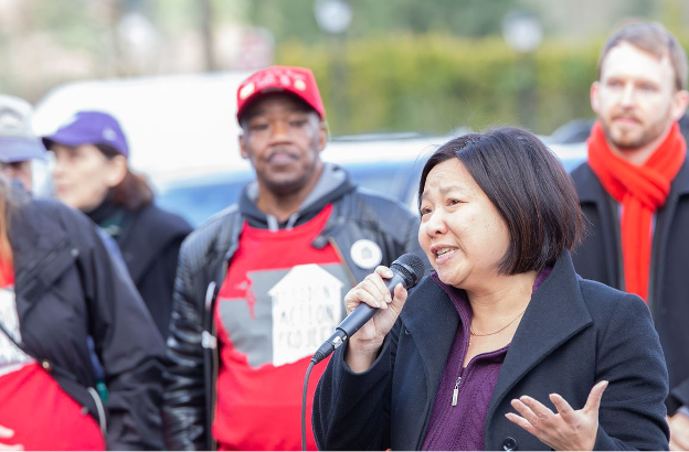 Photo description: Representative My-Linh Thai speaking to a crowd at the 2020 Housing and Homelessness Advocacy Day 